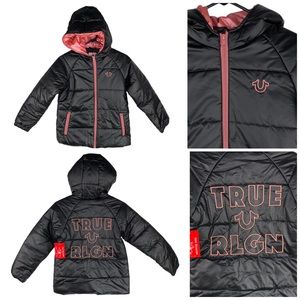 🆕 True Religion Black & Pink Embroidered Puffer Coat Girl's Size Medium